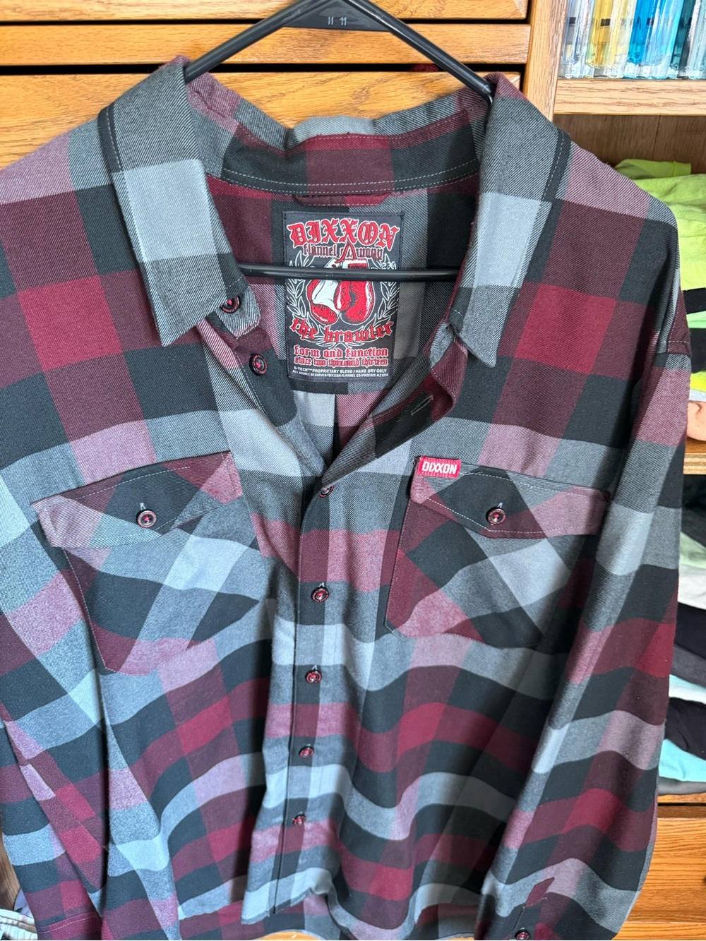 DIXXON Men's Burgundy and Gray Plaid Button-Down Flannel Shirt